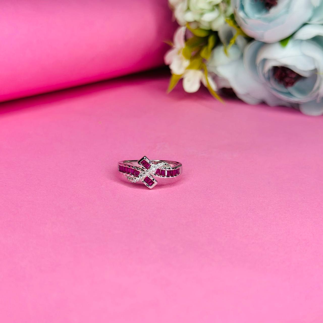 Criss-Cross Ruby CZ 925 Sterling Silver Ring