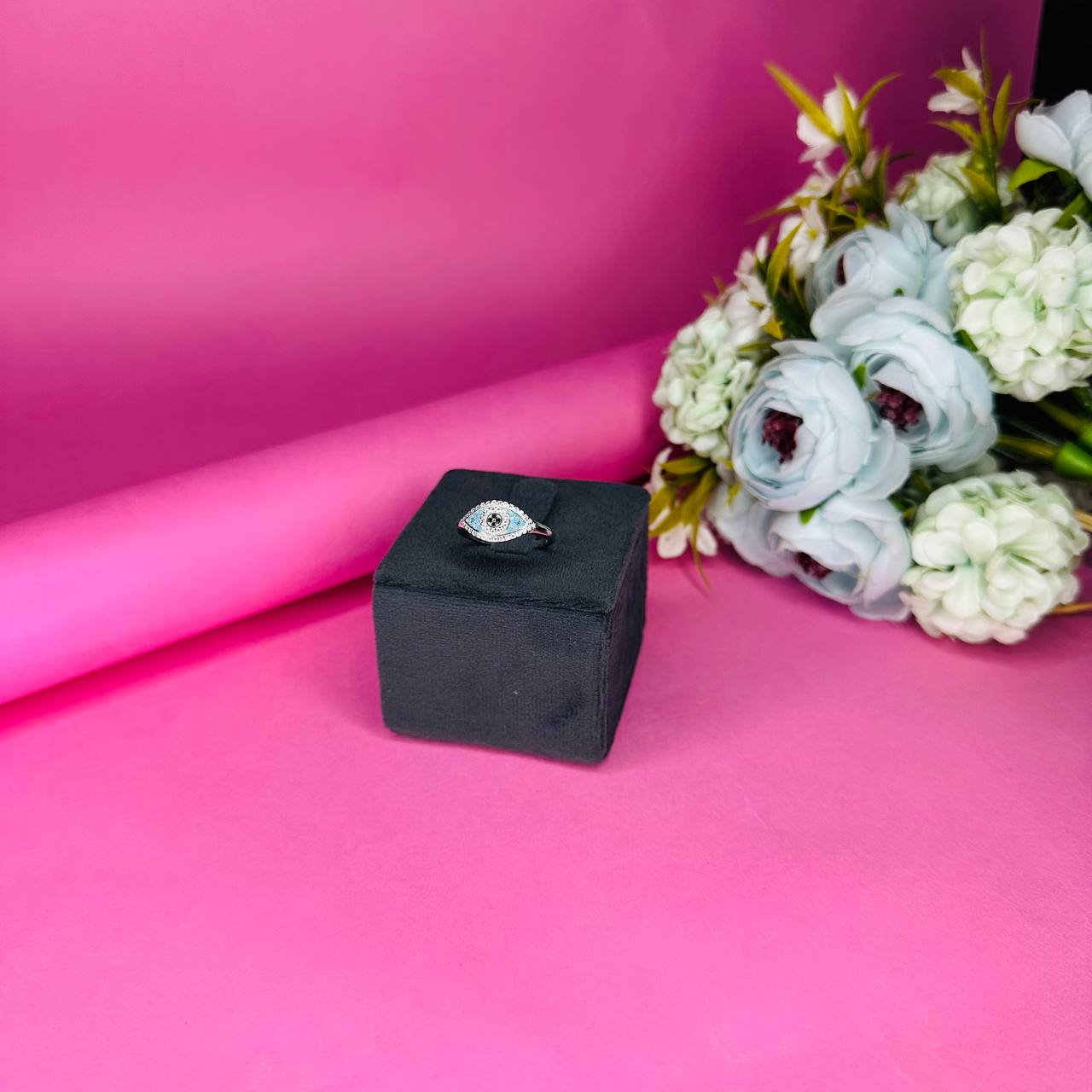 Evil Eye 925 Sterling Silver Ring with Blue & Black CZ Accents