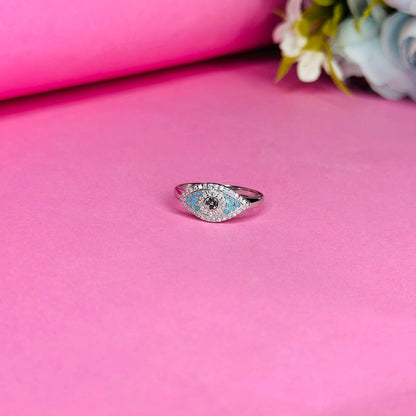 Evil Eye 925 Sterling Silver Ring with Blue & Black CZ Accents