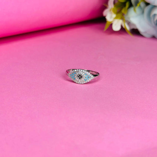 Evil Eye 925 Sterling Silver Ring with Blue & Black CZ Accents