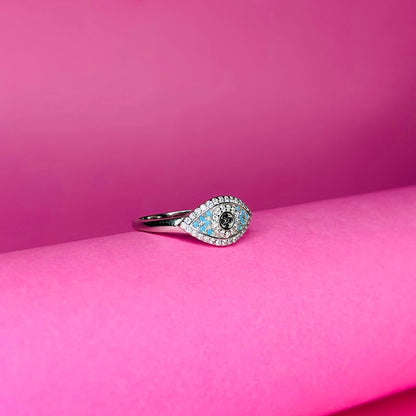 Evil Eye 925 Sterling Silver Ring with Blue & Black CZ Accents