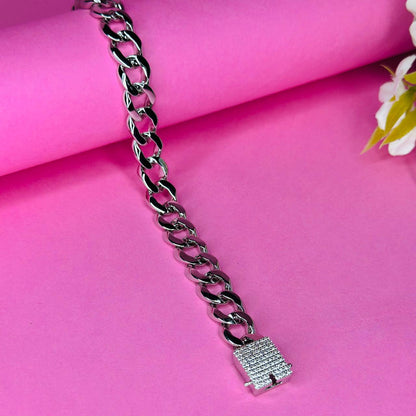 Cuban Link Bracelet in Pure 925 Silver with Paved Lock Clasp