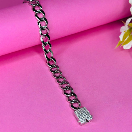 Cuban Link Bracelet in Pure 925 Silver with Paved Lock Clasp