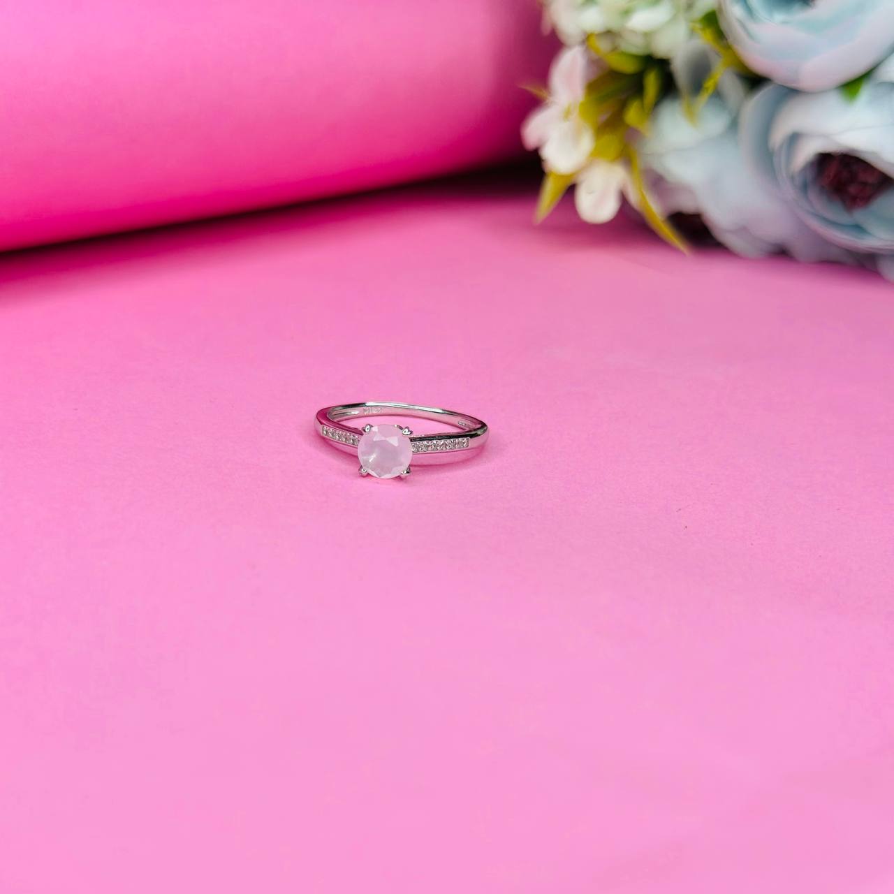 Classic Solitaire 925 Sterling Silver Ring with Rose Quartz & CZ Accents