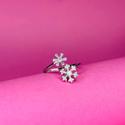 Sparkling Double Flower 925 Sterling Silver Ring with CZ Accents