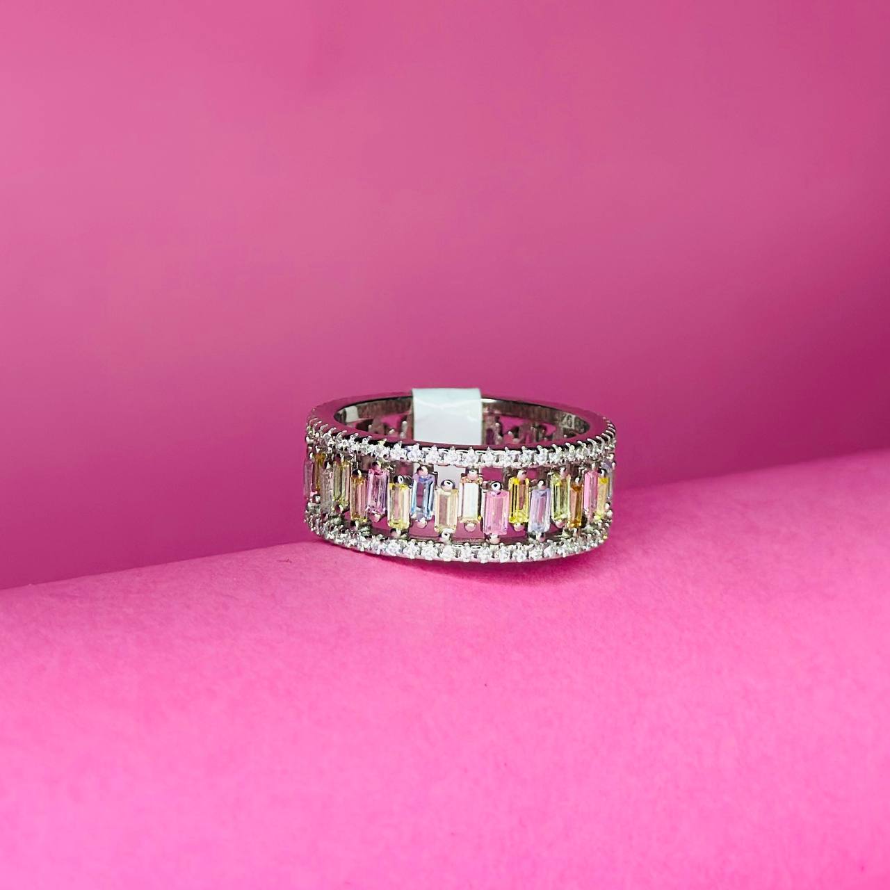 Luxury 925 Sterling Silver Wide Band Ring with Rainbow CZ Accents