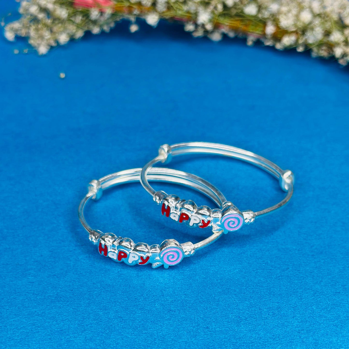 100% Pure Silver Kids Kada with “Happy” Design & Candy Charm