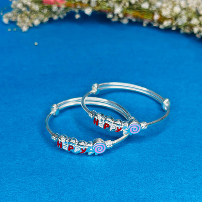 100% Pure Silver Kids Kada with “Happy” Design & Candy Charm