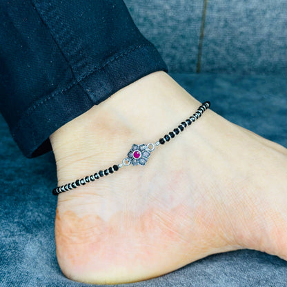 925 Sterling Silver Black Beaded Anklet with Floral Center Charm