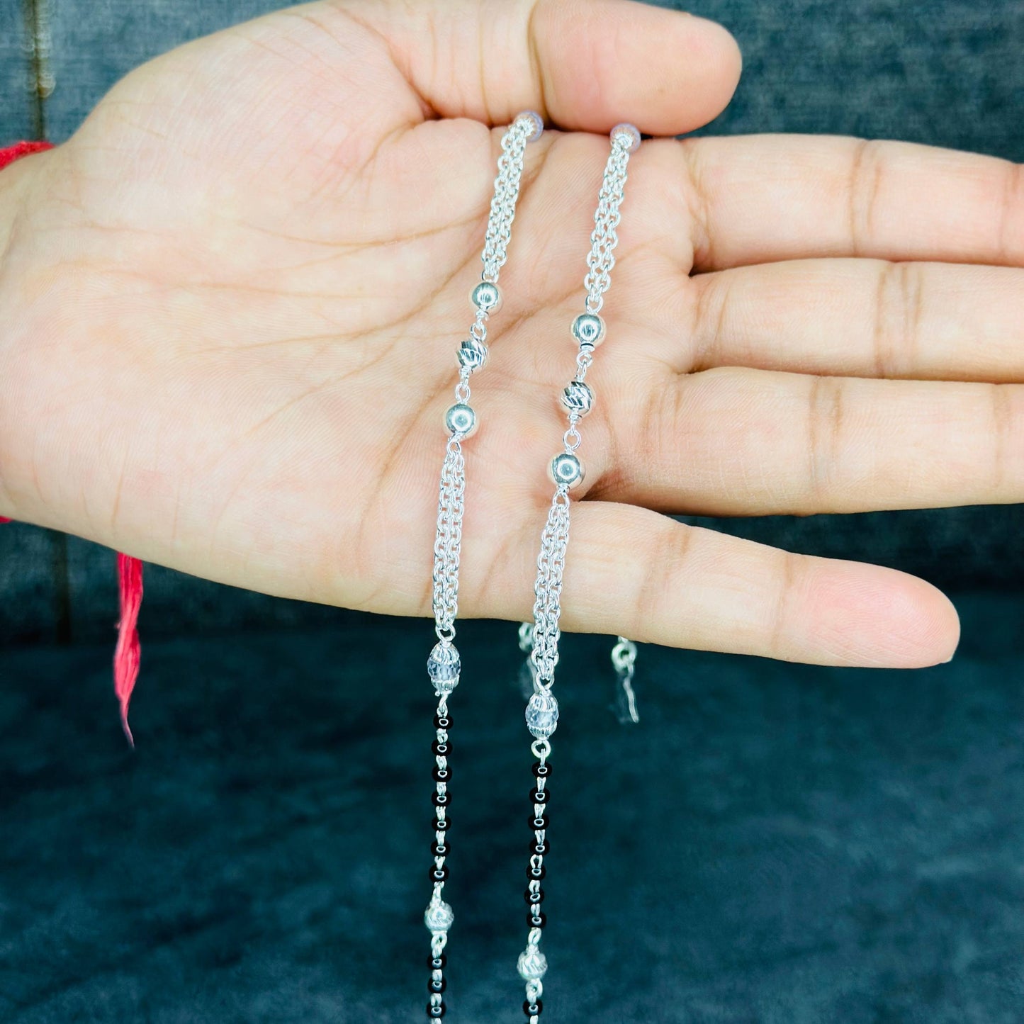 Sterling Silver Black Beaded Anklet with Charm