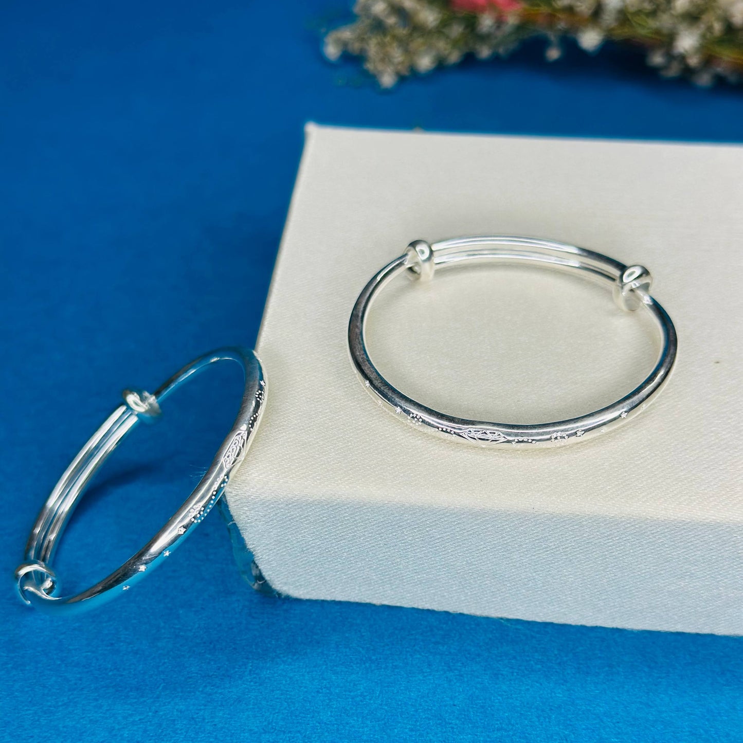 100% Pure Silver Kids Kada with Floral Engraved Design