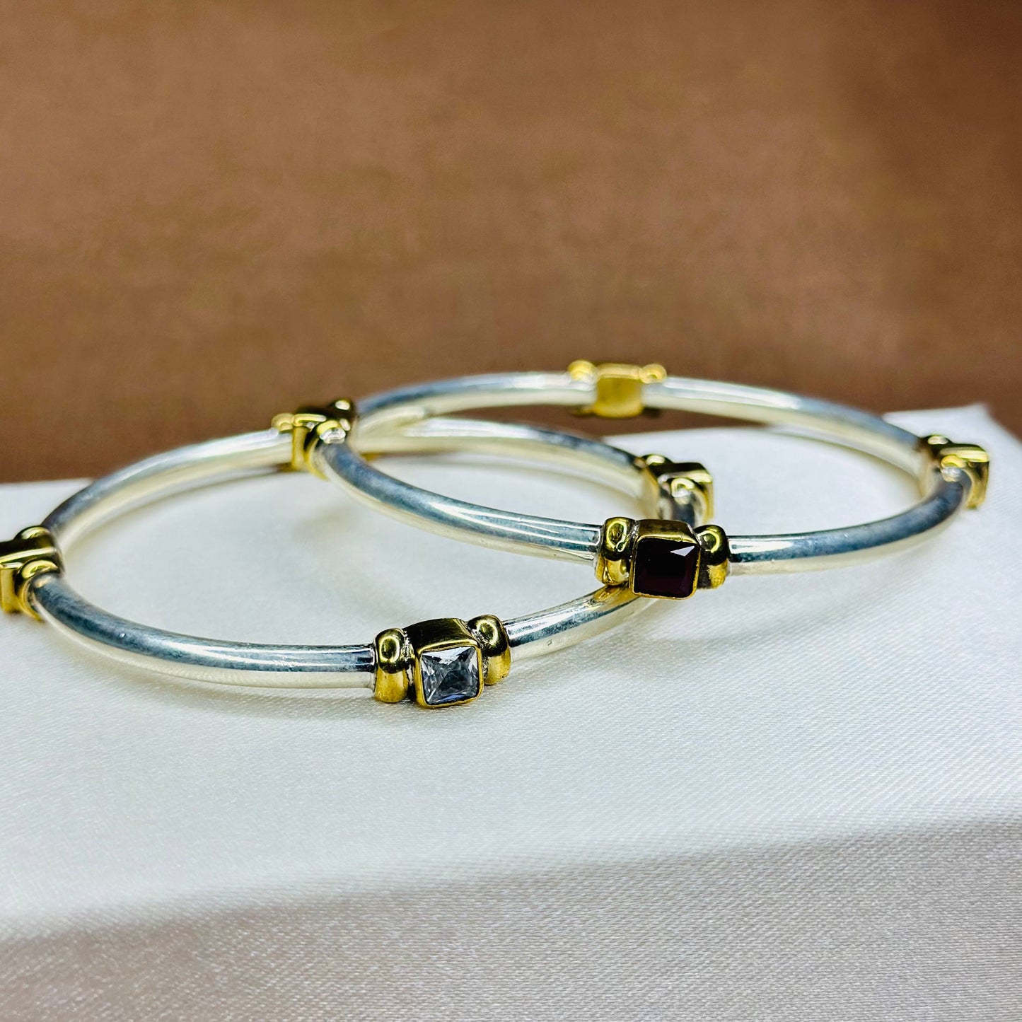 Square Gemstone Bangles in Pure 925 Silver with Gold Accents