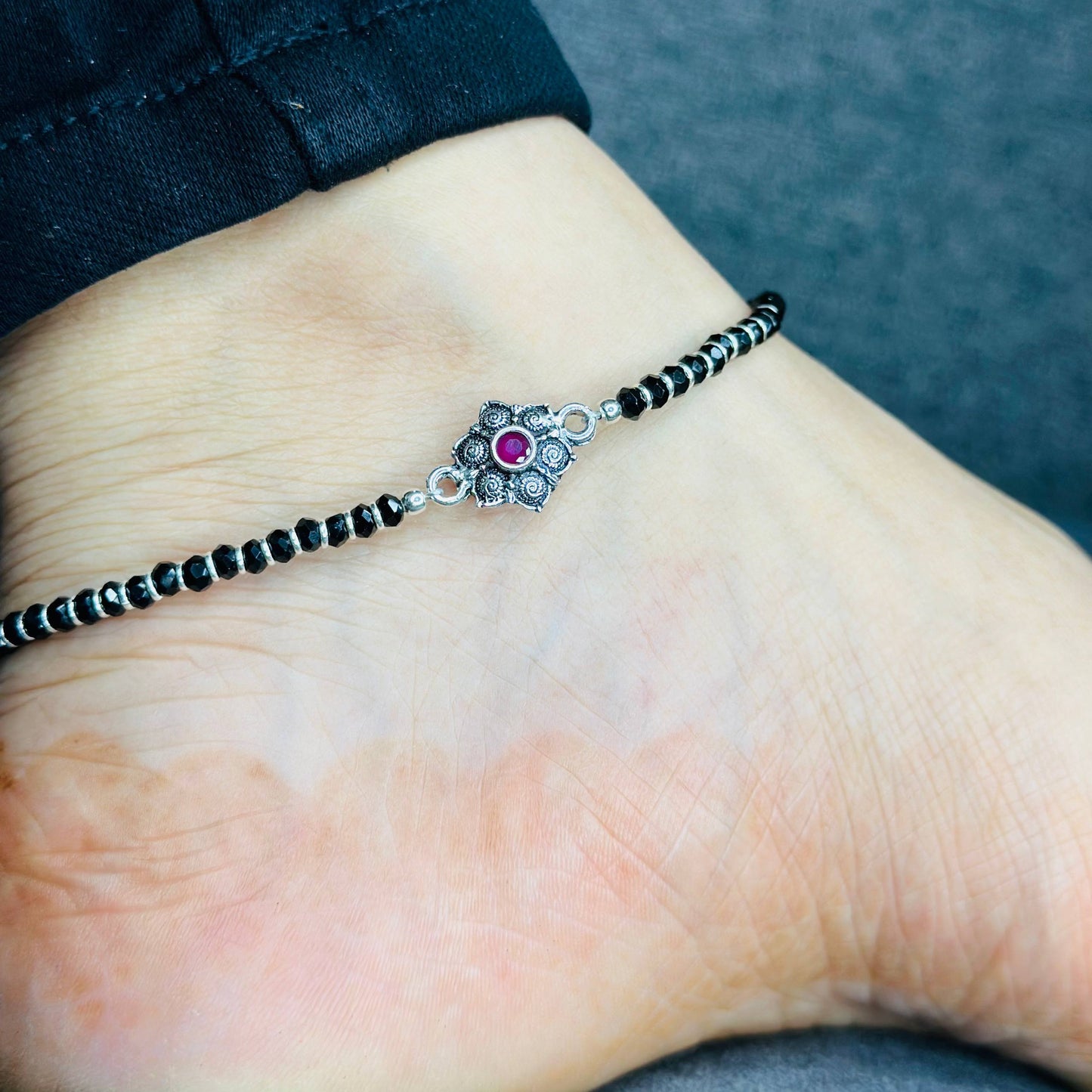 925 Sterling Silver Black Beaded Anklet with Floral Center Charm