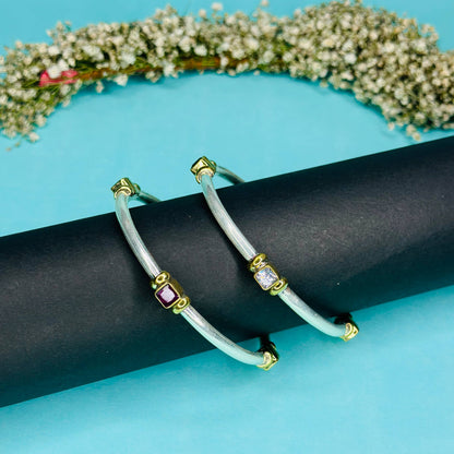Square Gemstone Bangles in Pure 925 Silver with Gold Accents