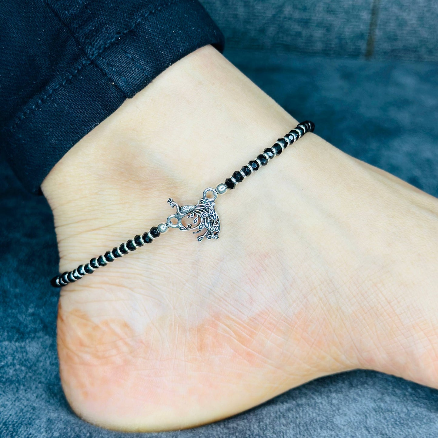925 Sterling Silver Peacock Charm Anklet with Black Beads