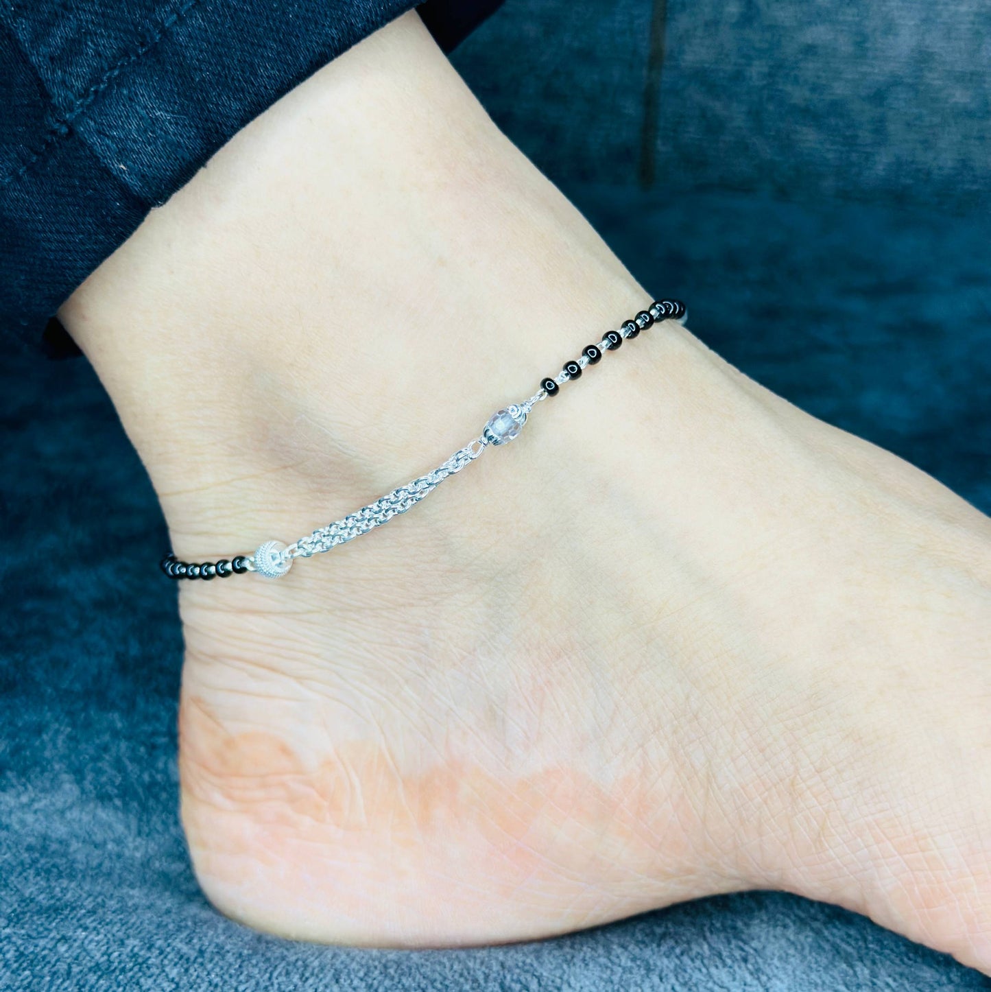 Sterling Silver Dual Chain Black Beaded Anklet